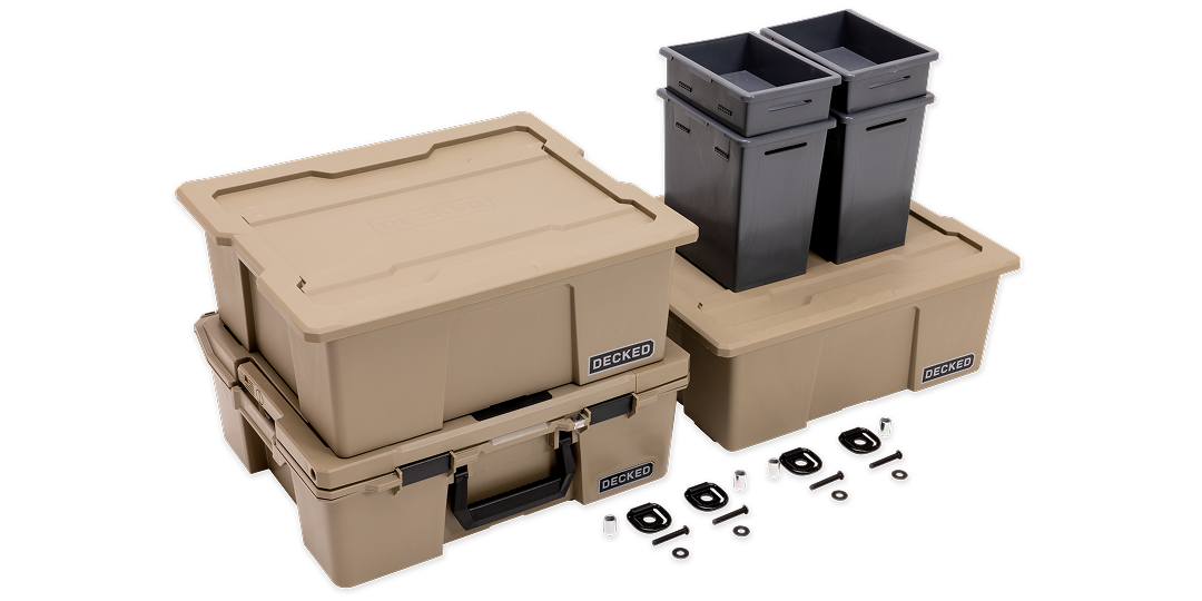 Image of tan DECKED bins, grey stash bins, and nuts and bolts.