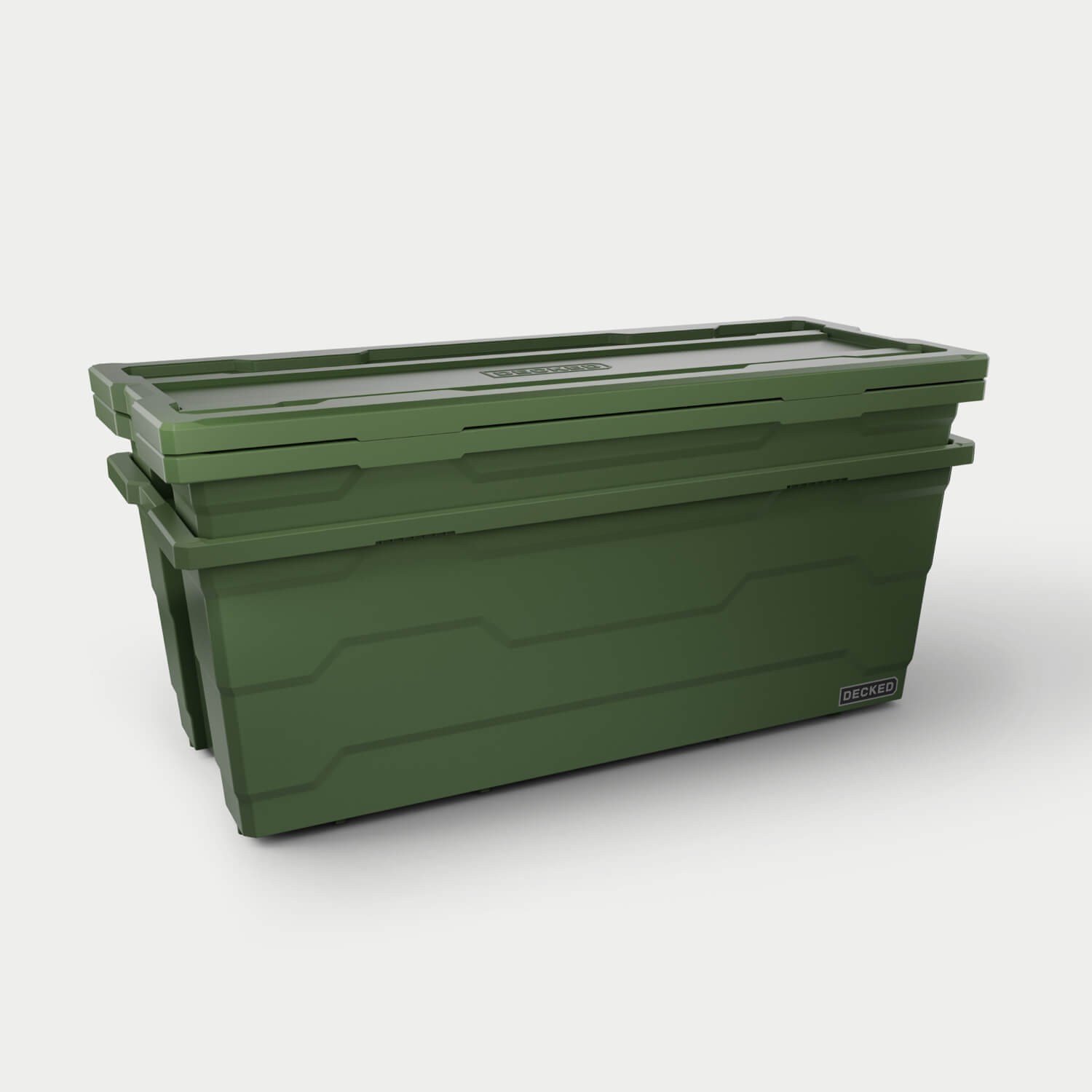 [A0045-P133-GRN] Two ranger green Payloader 133 liter bins nested together with the three lids stacked on top. 