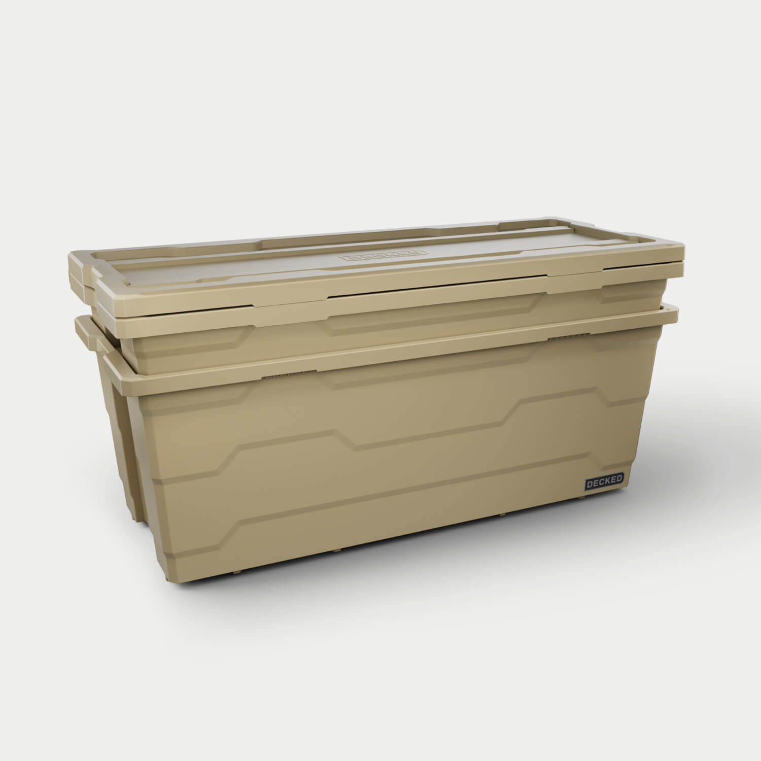 [A0045-P133-TAN] Two tan Payloader 133 liter bins nested together with the three lids stacked on top. 
