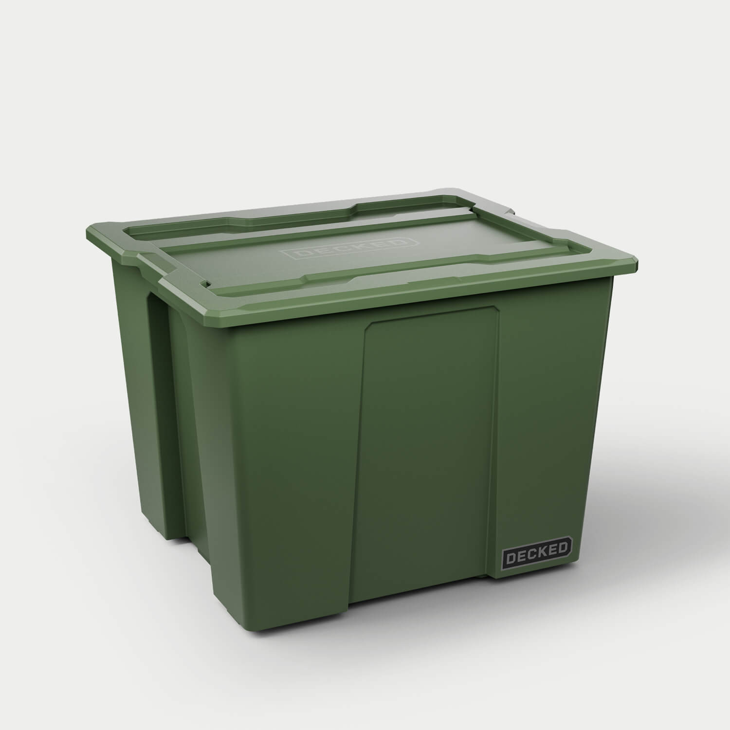 One ranger green Payloader 64 bin, closed on a white background with a DECKED logo in the bottom right hand corner of the bin.
