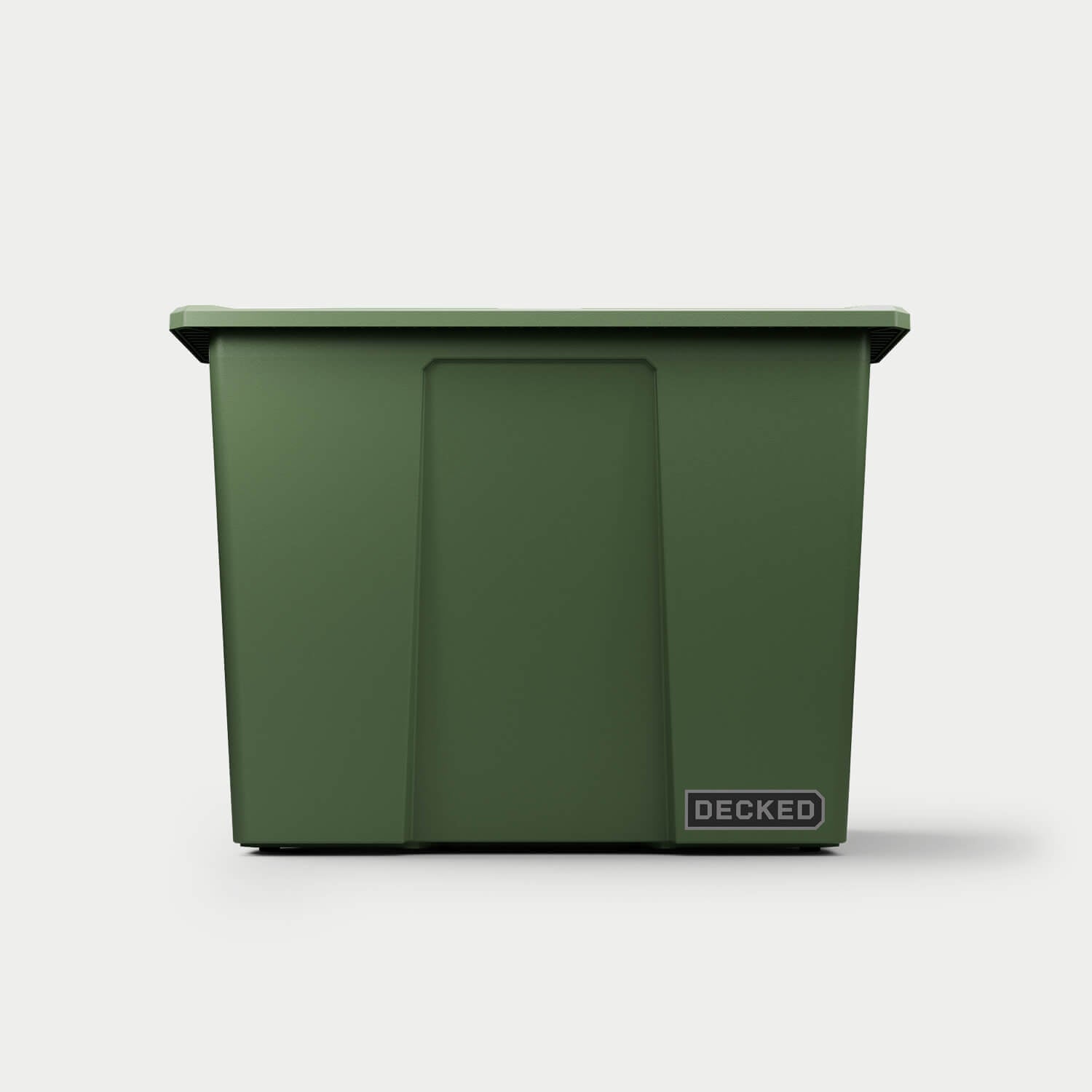 The front of one ranger green Payloader 64 bin, closed on a white background with a DECKED logo in the bottom right hand corner of the bin.