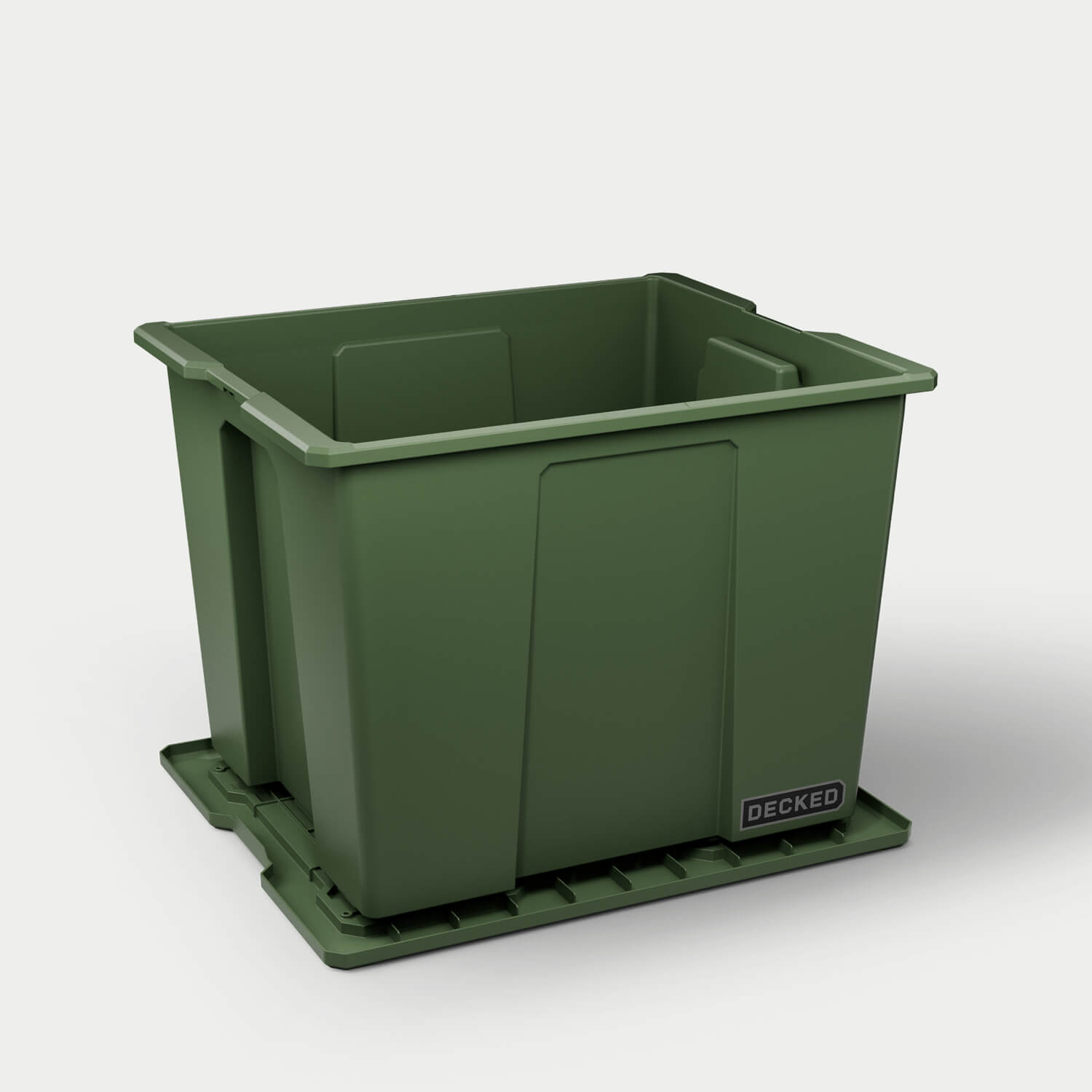 One ranger green Payloader 64 bin, open on a white background with the lid sitting under the bin.