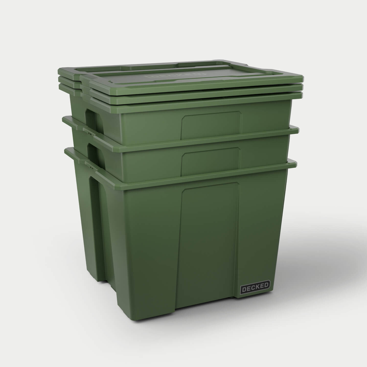 Three ranger green Payloader 64 liter bins nested together with the three lids stacked on top.