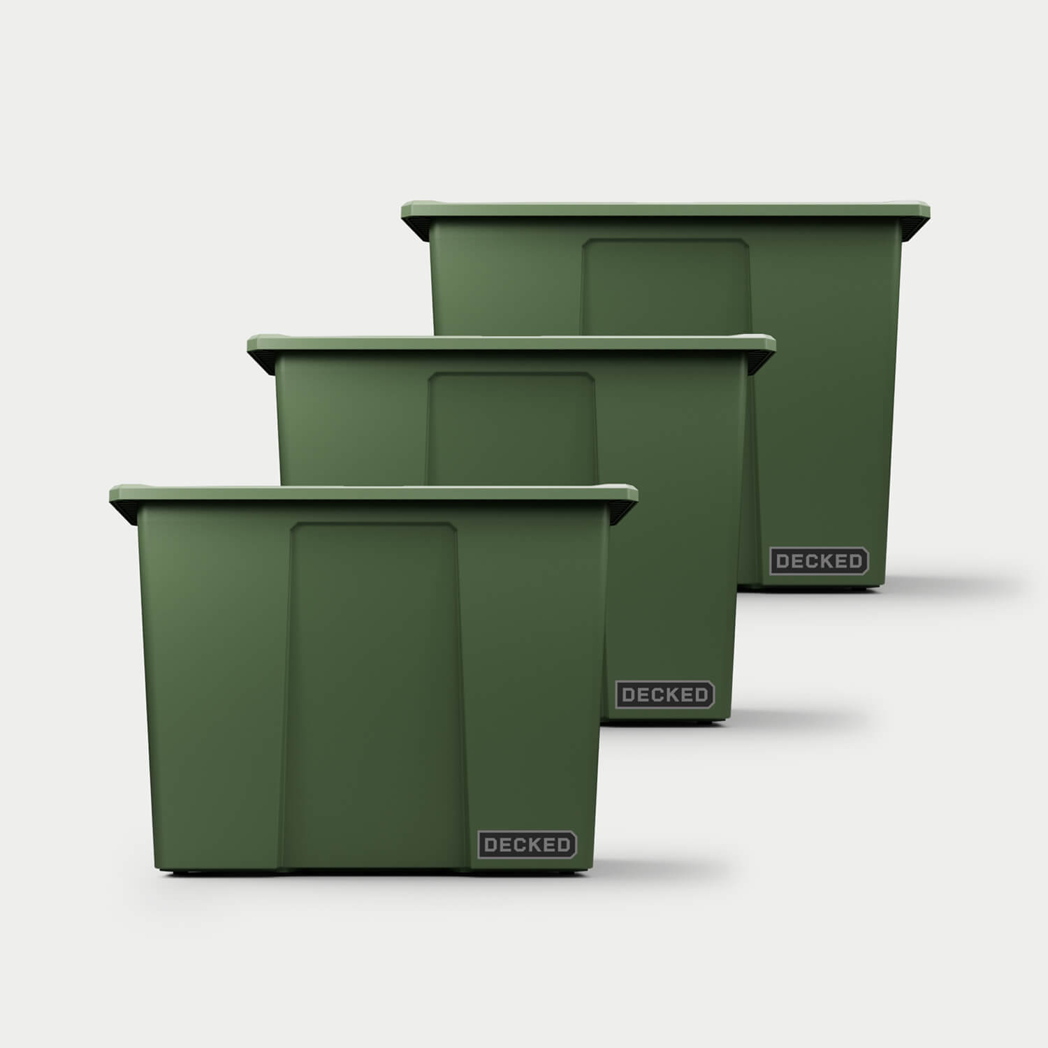 Three ranger green Payloader 64 bins, closed on a white background, staggered diagonally.