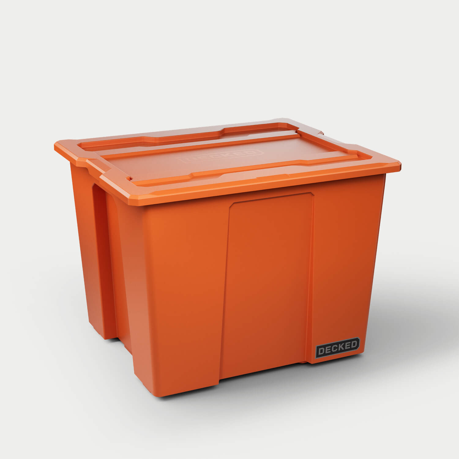 One blaze orange Payloader 64 bin, closed on a white background with a DECKED logo in the bottom right hand corner of the bin.