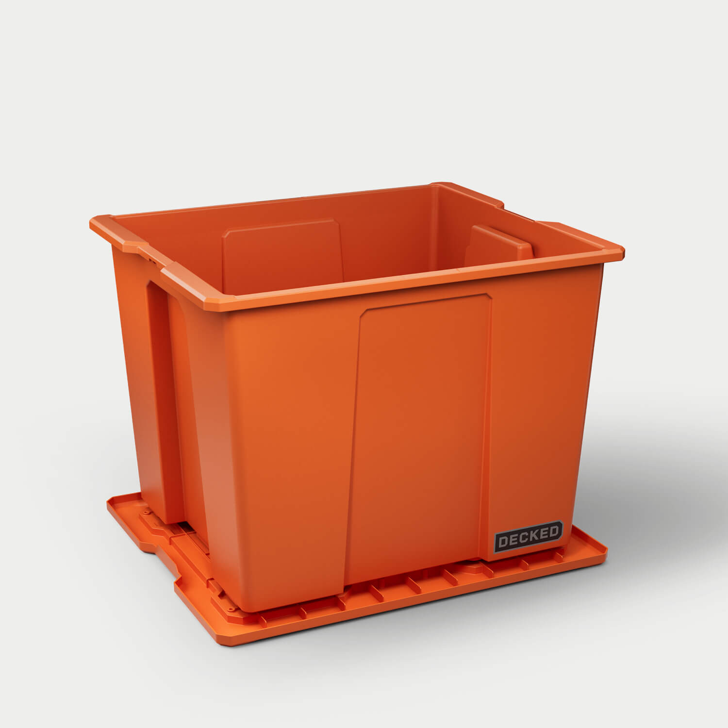 One blaze orange Payloader 64 bin, open on a white background with the lid sitting under the bin.