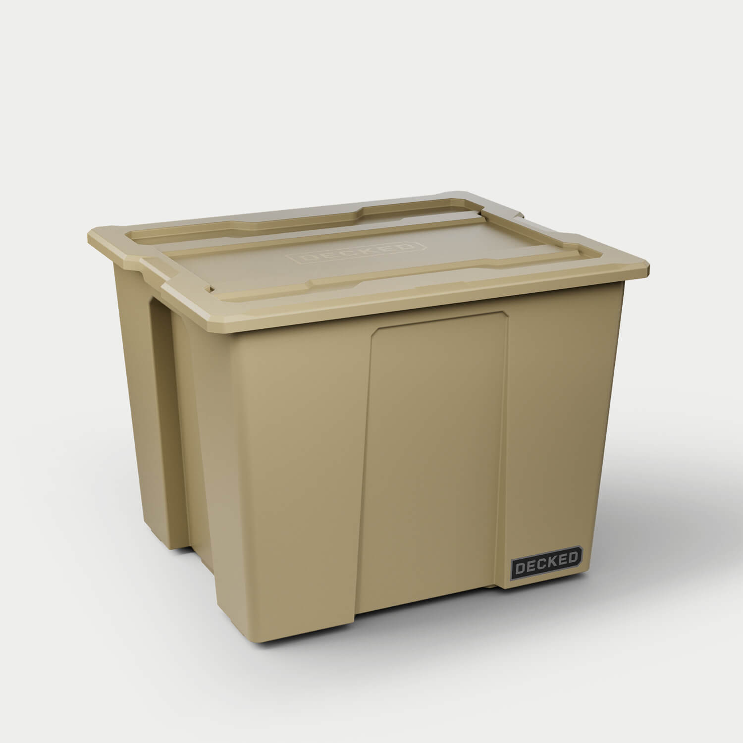 [A0042-P064-TAN] One desert tan Payloader 64 bin, closed on a white background with a DECKED logo in the bottom right hand corner of the bin.