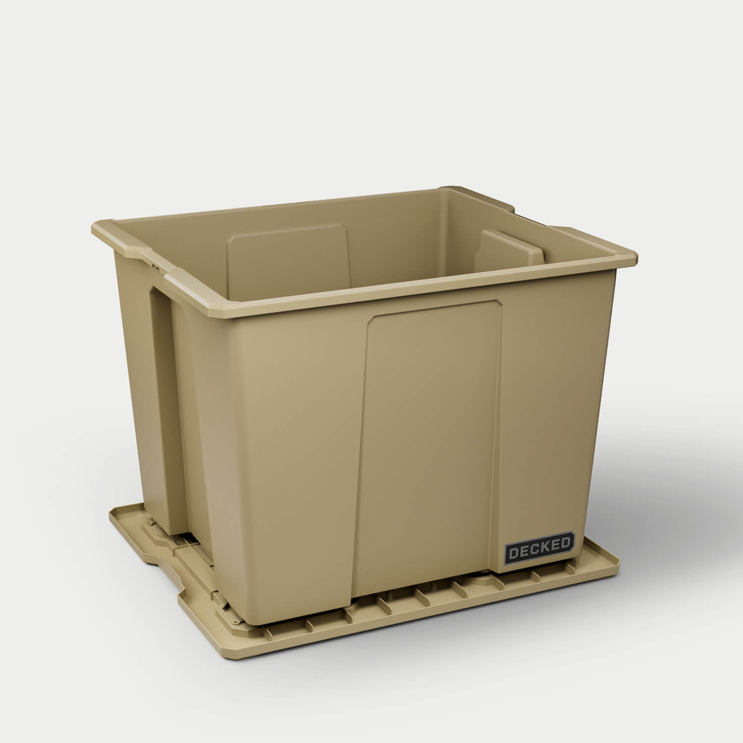 One desert tan Payloader 64 bin, open on a white background with the lid sitting under the bin.