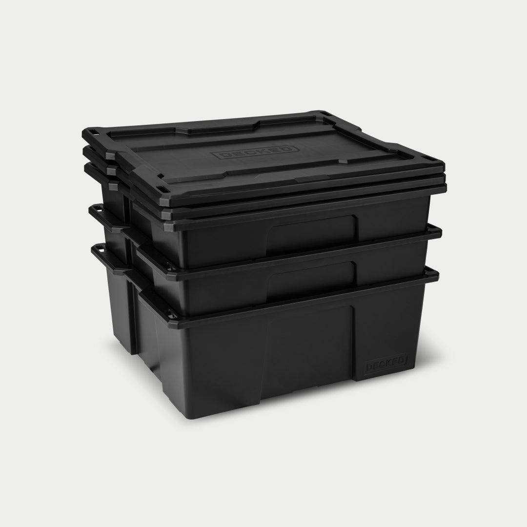 3 Black D-co bins stacked