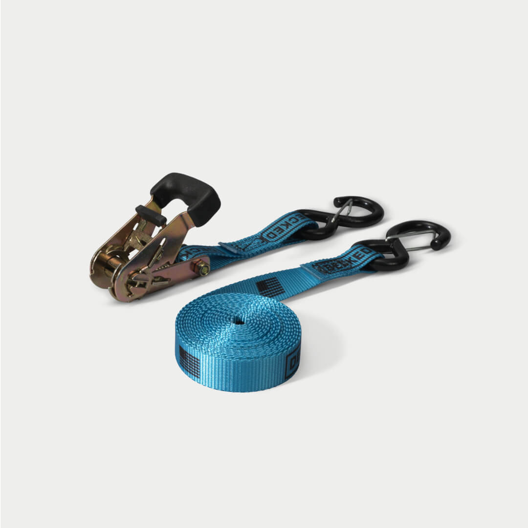 Blue ratchet strap on a grey background