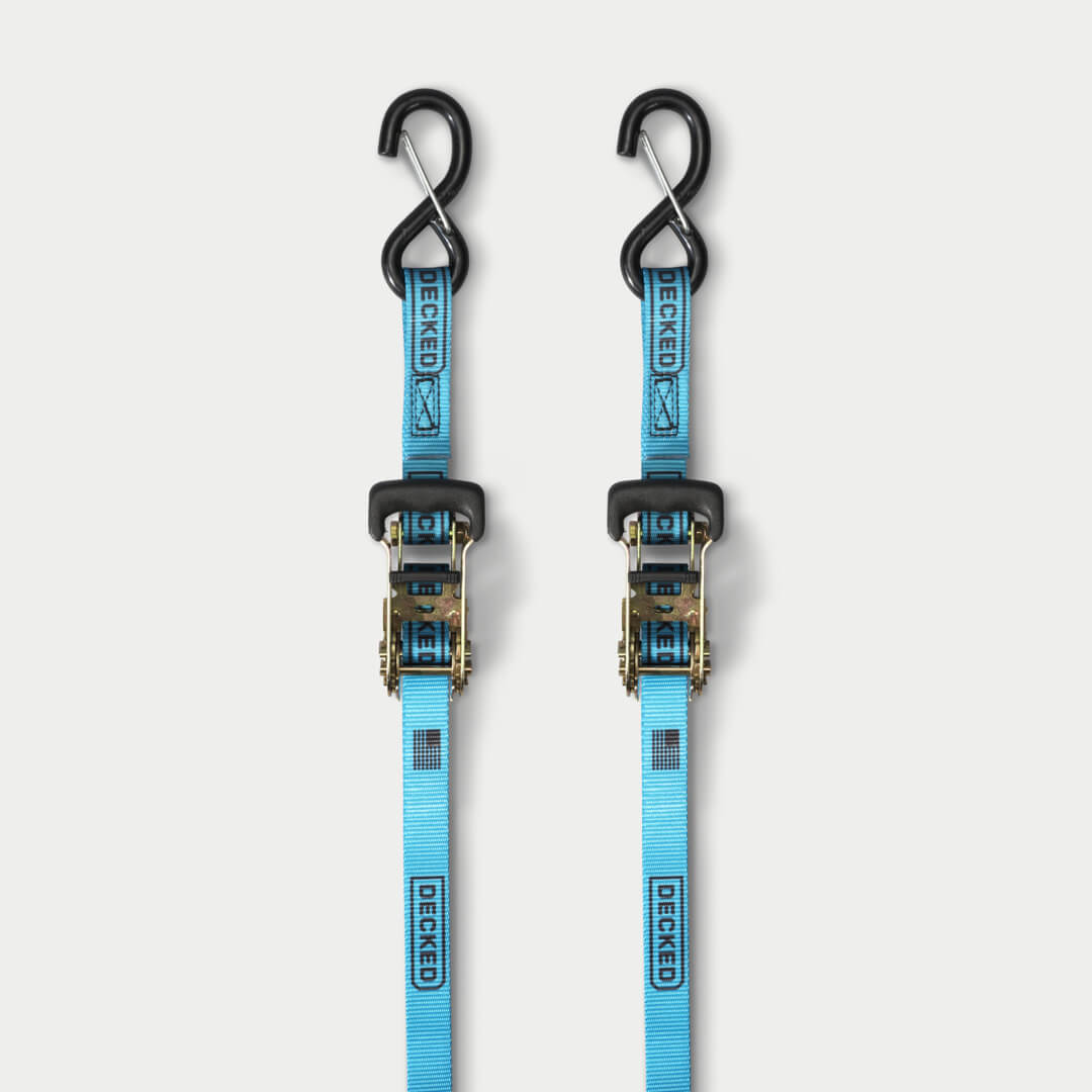 Blue ratchet strap on a grey background