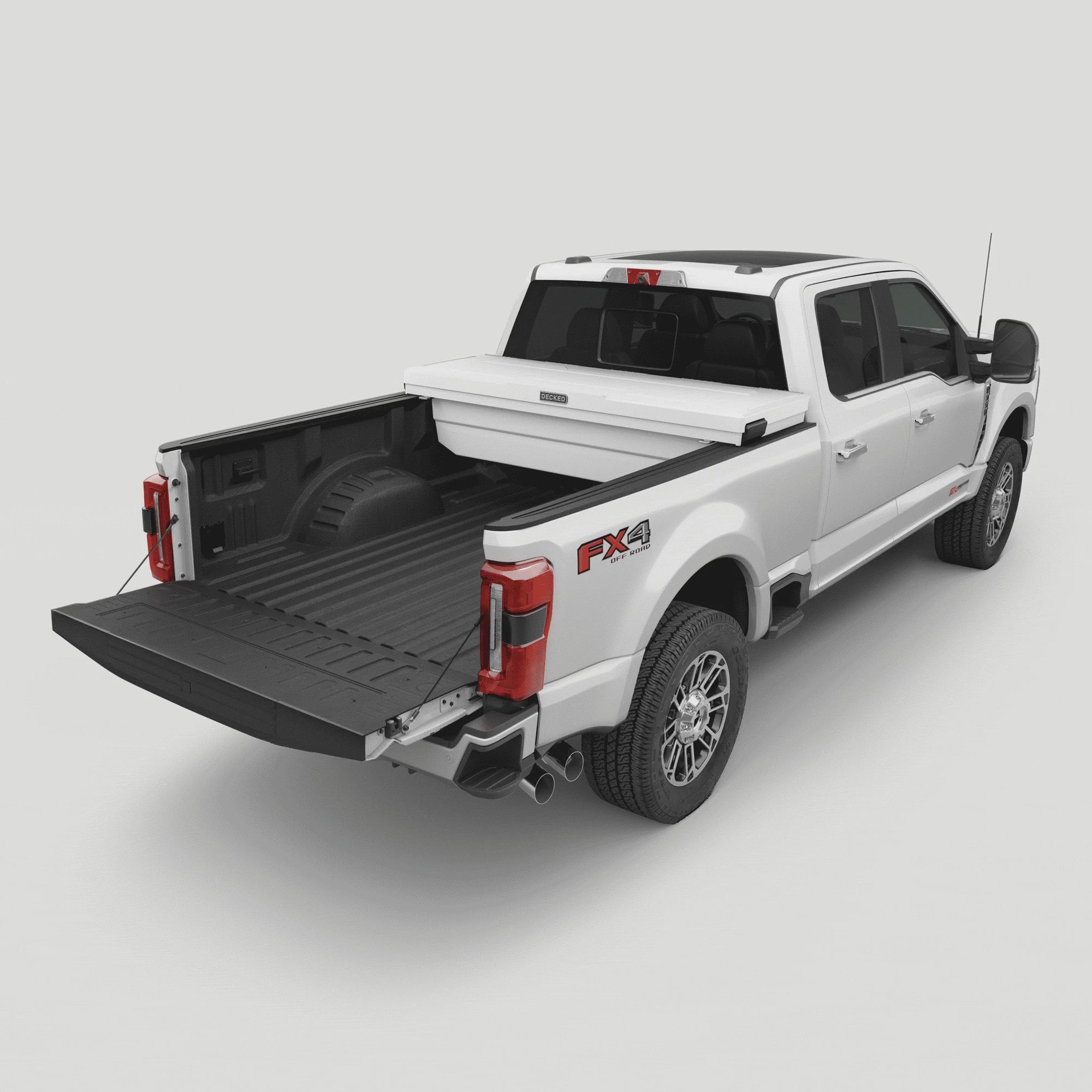 [DTB2-WHT, DTB2T22-WHT] Video of the Industrial White Truck Tool Box with 'DECKED' branding opening.