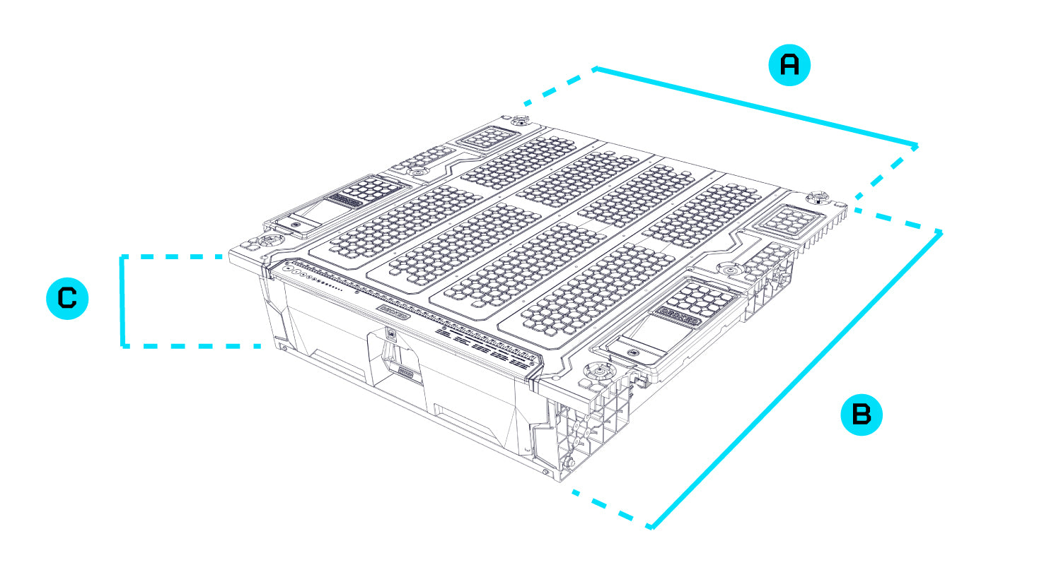 Technical drawing of the Drawer System for 4'6" beds, the width is labeled "A", the length is labeled "B", and the height is labeled "C"