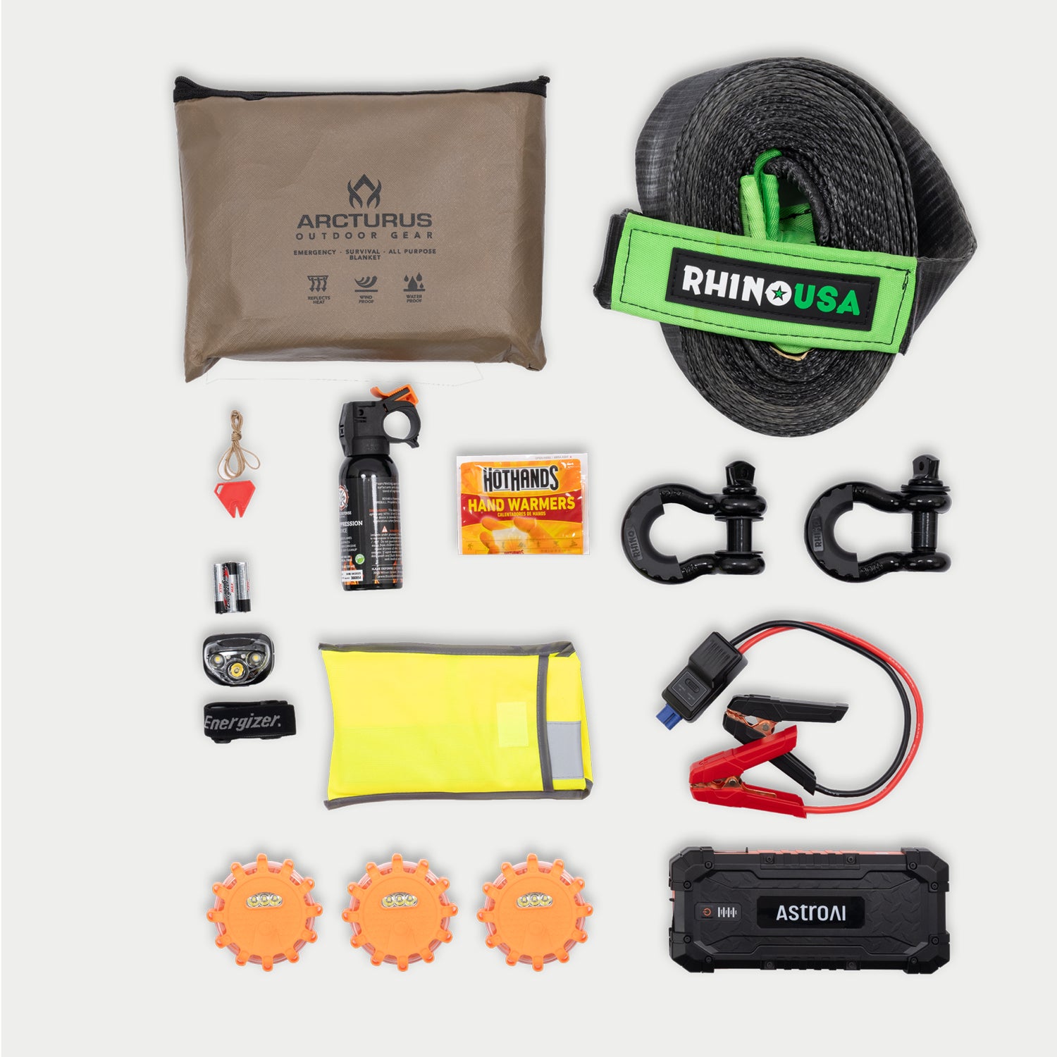The items in the Roadside OS Kit; Jumper Cable Box, LED Flares, Tow Straps, headlamp and more!