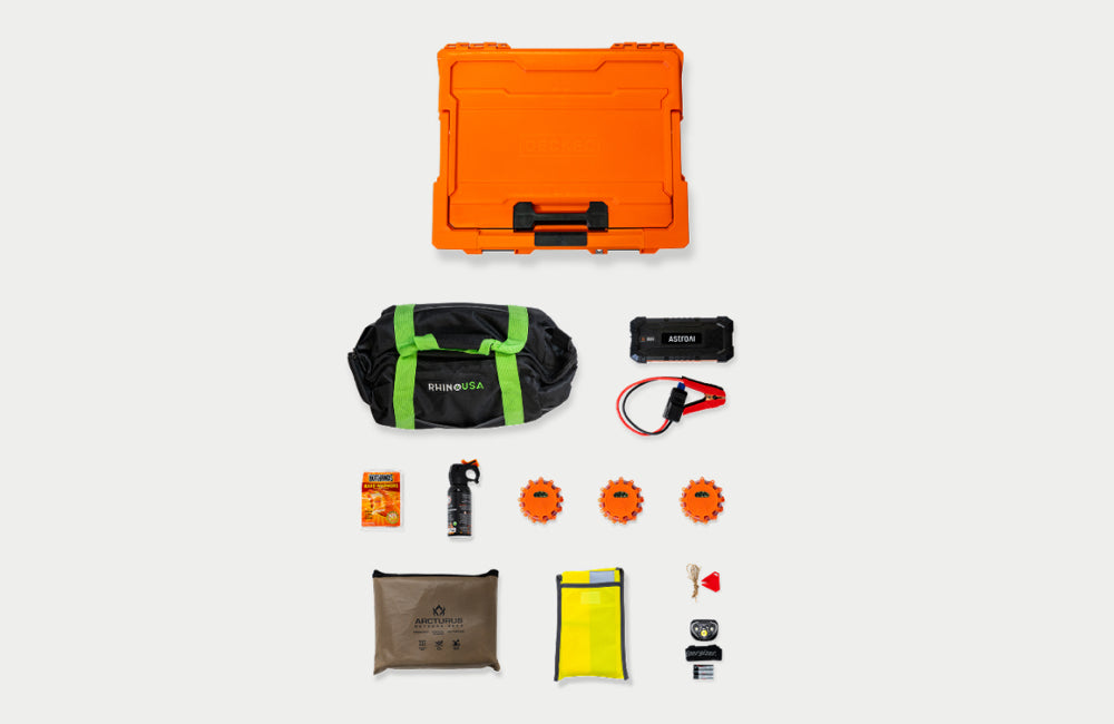 The Roadside OS Kit laid out to showcase the products that come neatly packed in the DECKED Halfrack D-co Case.