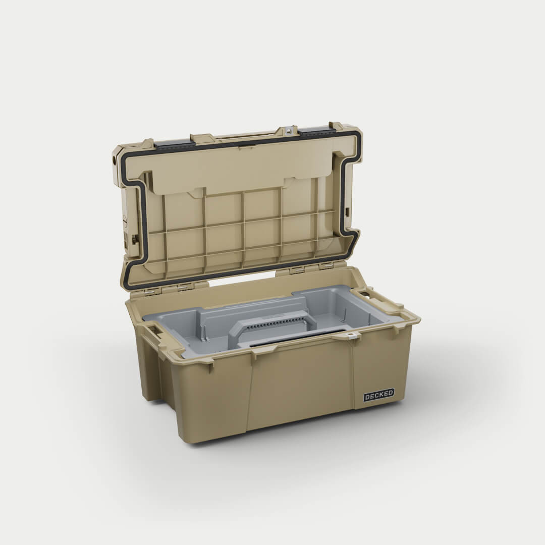 Side angle view of tan Sixer 16 open with the D-co case cargo tray(included) inside.