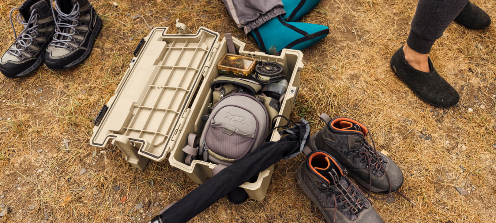 Tan Sixer 16 being used for fly fishing gear storage