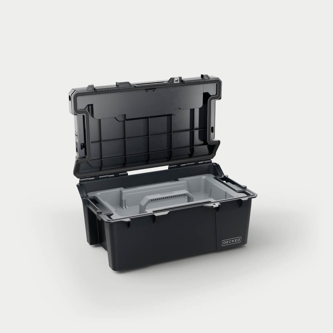 Side angle view of black Sixer 16 open with the D-co case cargo tray(included) inside.