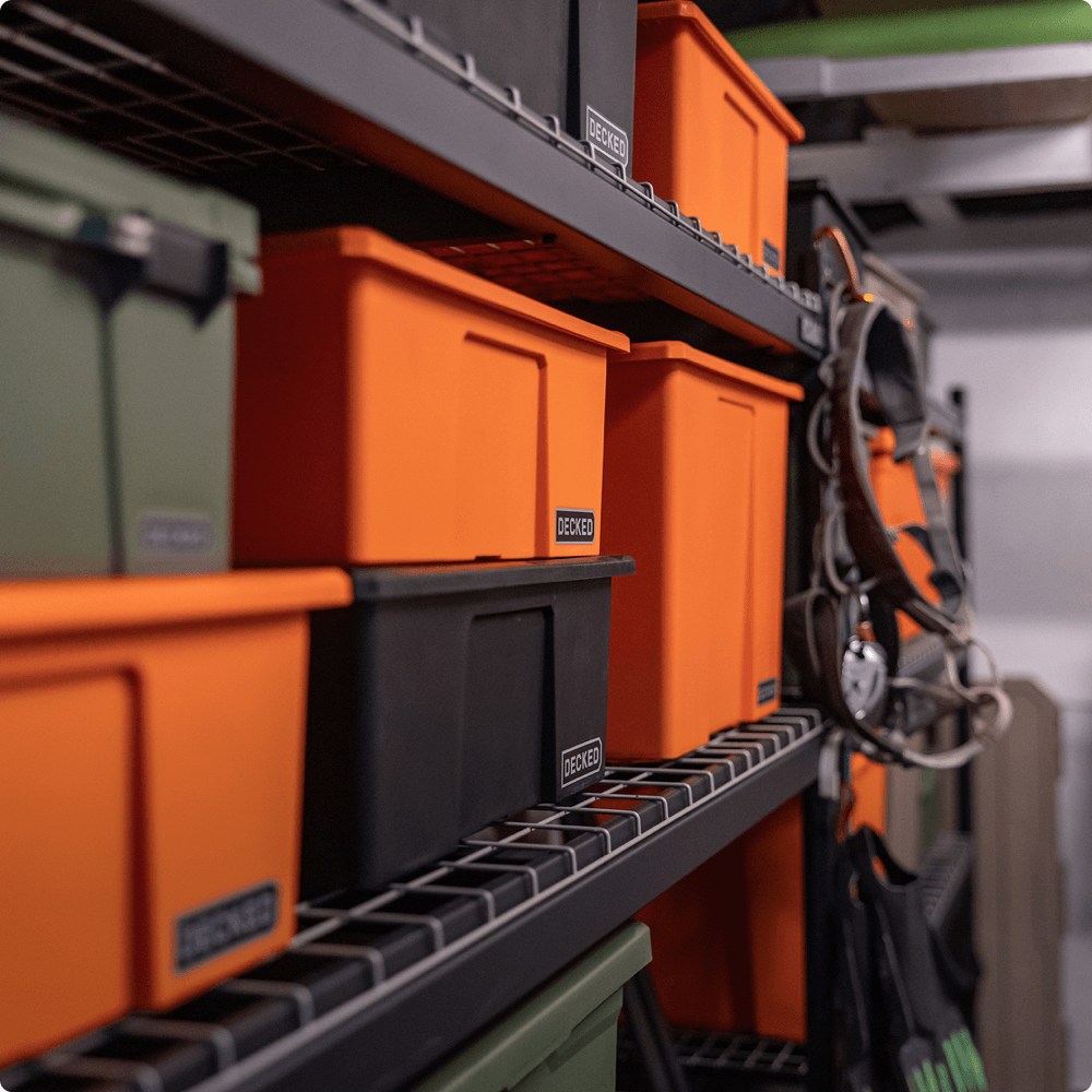 Organized garage DECKED storage bins.