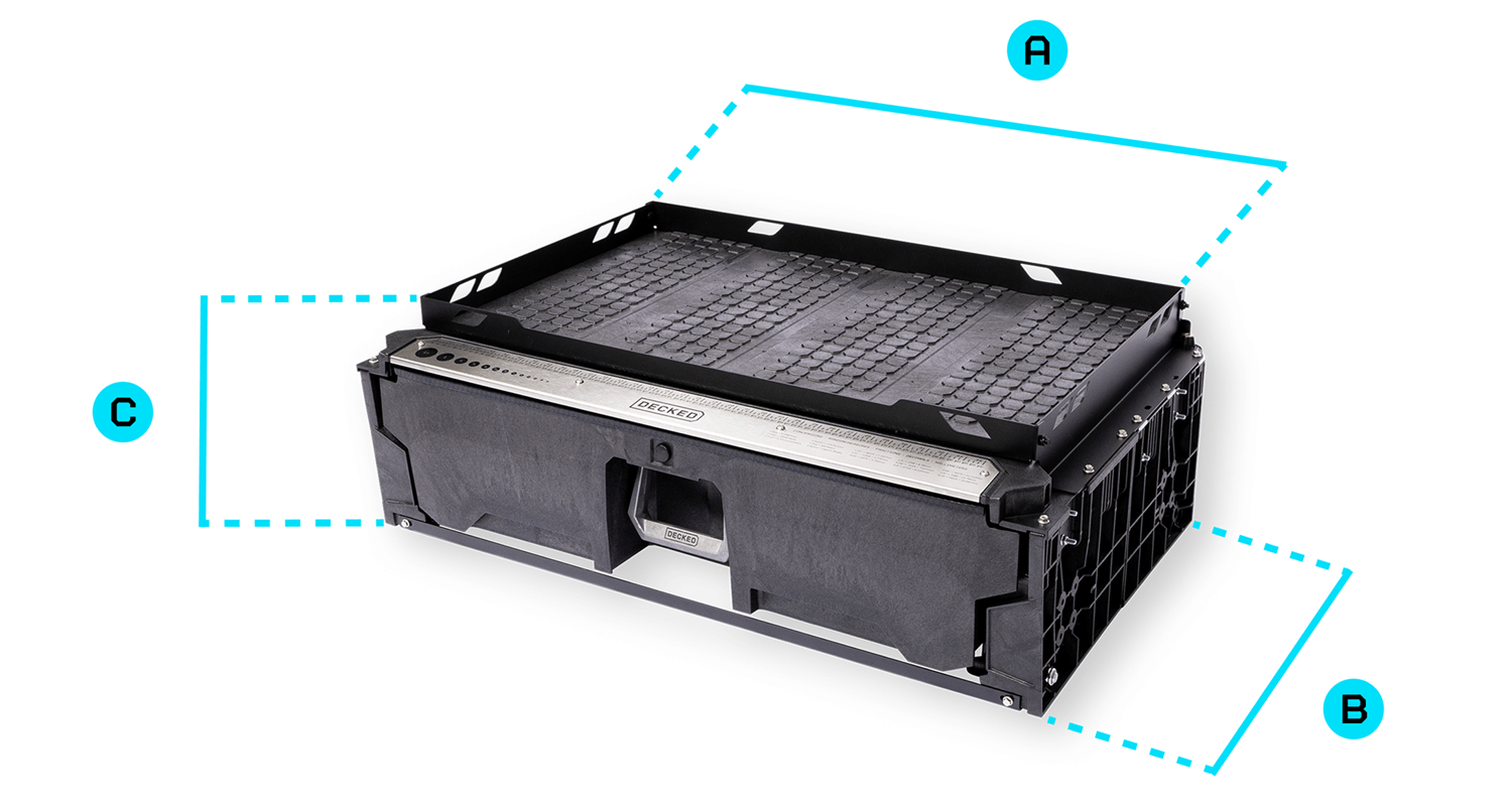 A DECKED drawer with a textured top tray, shown on a white background with cyan dashed measurement lines and labels A, B, and C indicating dimensions.