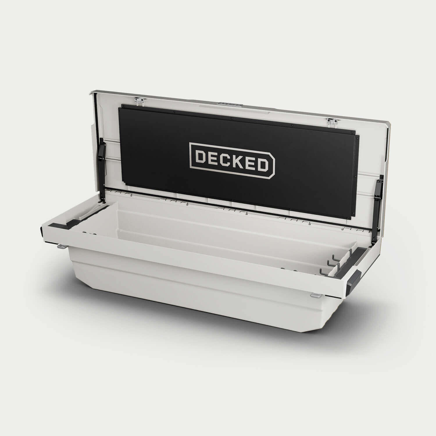 White DECKED Tool Box with 'DECKED' branding on a white background
