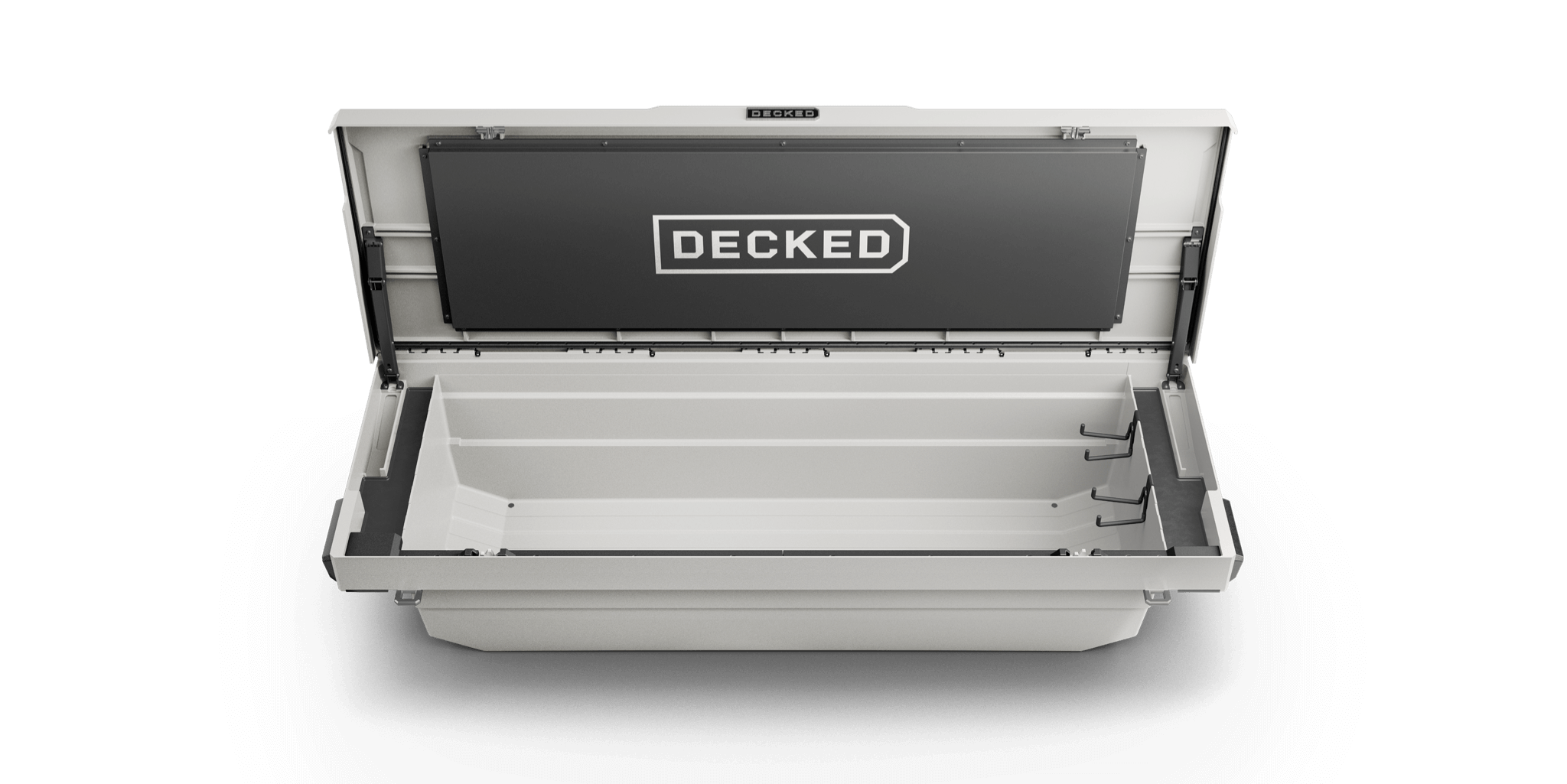 White truck bed tool box with 'DECKED' branding on a brown background